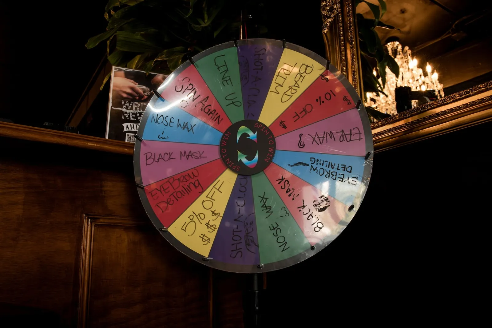 Prize wheel for nose wax, black mask, beard trim, and line-up